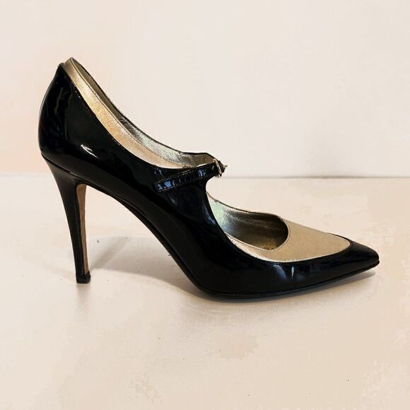 Ralph Lauren Collection Black and Gold Pointed Toe Stiletto Heel Pumps - Picture 1 of 8